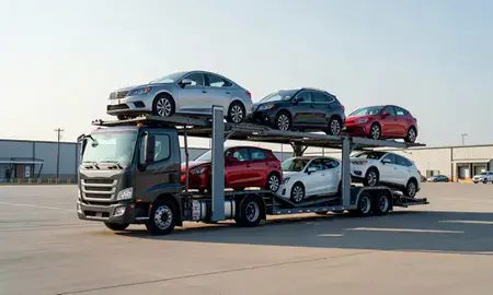 Car transporter loaded with vehicles in St. Matthews, Kentucky, United States