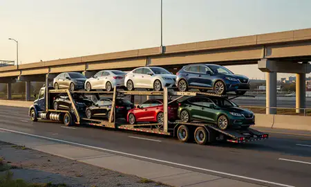 Car transporter with the St. Matthews, Kentucky, United States skyline behind it