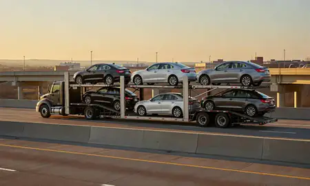 Car transporter with the Winchester, Kentucky, United States skyline behind it