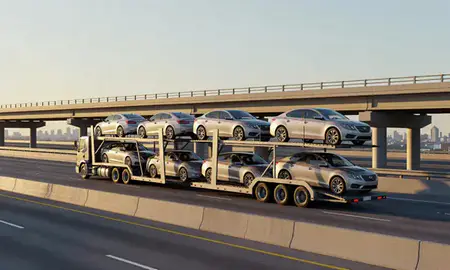 Car transporter with the Louisiana, United States skyline behind it