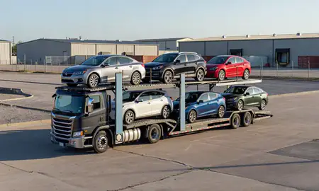 Car transporter loaded with vehicles in Alexandria, Louisiana, United States