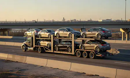 Car transporter with the Alexandria, Louisiana, United States skyline behind it