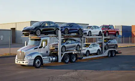 Car transporter loaded with vehicles in Baton Rouge, Louisiana, United States