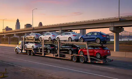 Car transporter with the Baton Rouge, Louisiana, United States skyline behind it