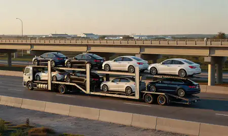 Car transporter with the Bayou Cane, Louisiana, United States skyline behind it