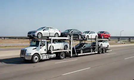 Multi-level car carrier on the highway to Bossier City, Louisiana, United States