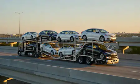 Car transporter with the Bossier City, Louisiana, United States skyline behind it