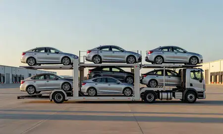 Car transporter parked in an industrial area of Central, Louisiana, United States