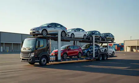 Car transporter loaded with vehicles in Central, Louisiana, United States