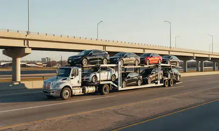 Car transporter with the Central, Louisiana, United States skyline behind it