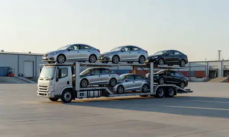 Car transporter loaded with vehicles in Chalmette, Louisiana, United States
