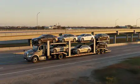 Car transporter with the Chalmette, Louisiana, United States skyline behind it