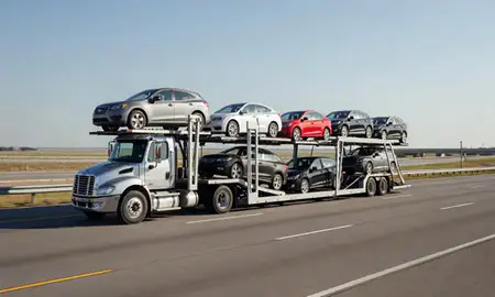 Multi-level car carrier on the highway to Estelle, Louisiana, United States
