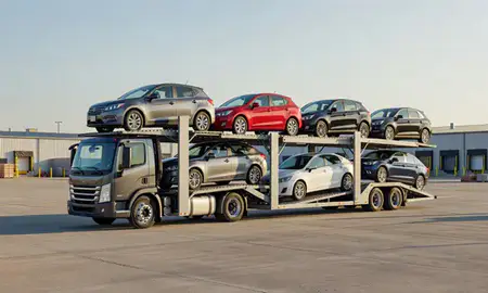 Car transporter loaded with vehicles in Estelle, Louisiana, United States
