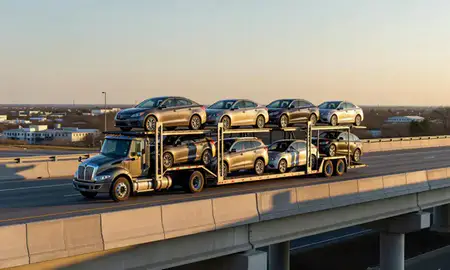 Car transporter with the Estelle, Louisiana, United States skyline behind it