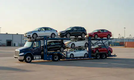 Car transporter loaded with vehicles in Gretna, Louisiana, United States
