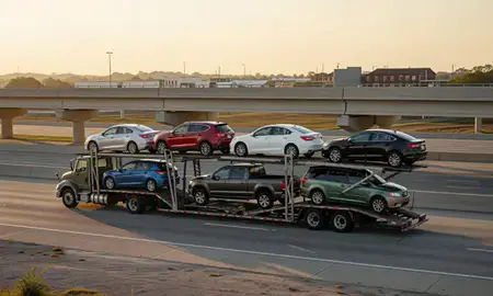 Car transporter with the Gretna, Louisiana, United States skyline behind it