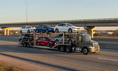 Car transporter with the Hammond, Louisiana, United States skyline behind it