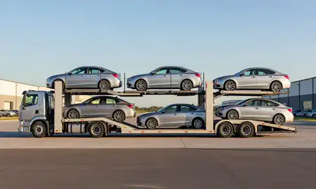 Car transporter parked in an industrial area of Harvey, Louisiana, United States