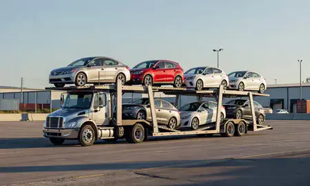 Car transporter loaded with vehicles in Harvey, Louisiana, United States