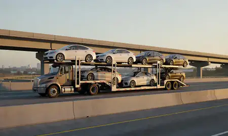 Car transporter with the Harvey, Louisiana, United States skyline behind it