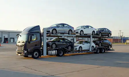 Car transporter loaded with vehicles in Houma, Louisiana, United States