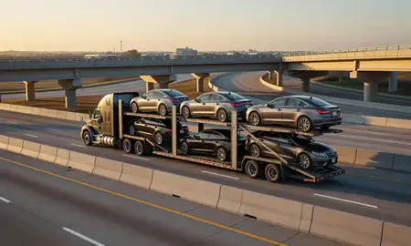 Car transporter with the Houma, Louisiana, United States skyline behind it