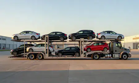 Car transporter parked in an industrial area of Kenner, Louisiana, United States