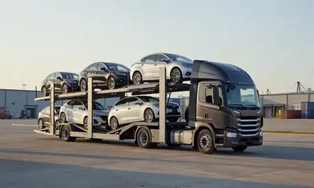 Car transporter loaded with vehicles in Kenner, Louisiana, United States