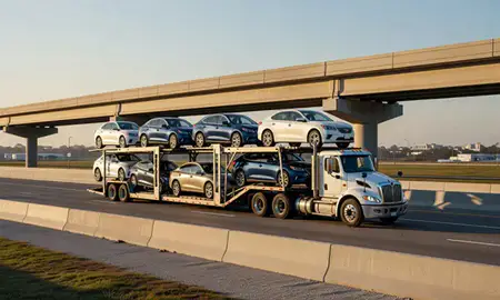 Car transporter with the Kenner, Louisiana, United States skyline behind it