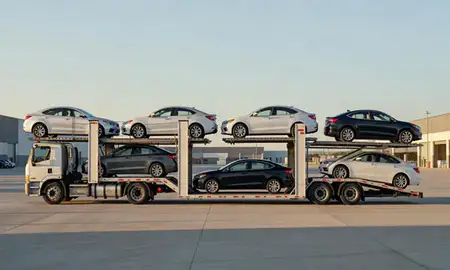 Car transporter parked in an industrial area of Lafayette, Louisiana, United States