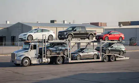 Car transporter loaded with vehicles in Lafayette, Louisiana, United States