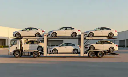Car transporter parked in an industrial area of Lake Charles, Louisiana, United States
