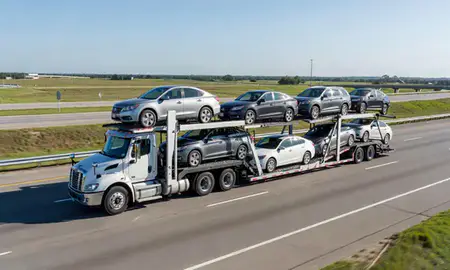 Multi-level car carrier on the highway to Laplace, Louisiana, United States