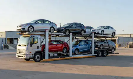 Car transporter loaded with vehicles in Laplace, Louisiana, United States