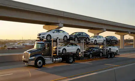 Car transporter with the Laplace, Louisiana, United States skyline behind it