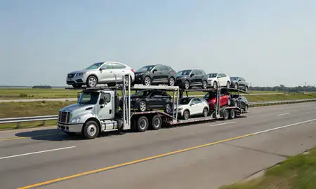 Multi-level car carrier on the highway to Mandeville, Louisiana, United States