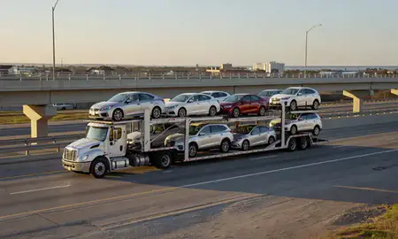 Car transporter with the Mandeville, Louisiana, United States skyline behind it