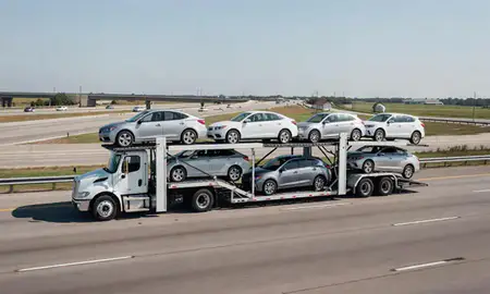 Multi-level car carrier on the highway to Marrero, Louisiana, United States
