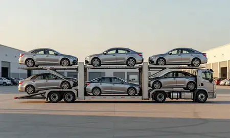 Car transporter parked in an industrial area of Marrero, Louisiana, United States