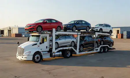 Car transporter loaded with vehicles in Marrero, Louisiana, United States