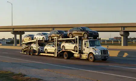Car transporter with the Marrero, Louisiana, United States skyline behind it