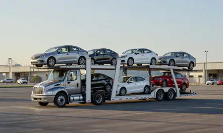 Car transporter loaded with vehicles in Metairie, Louisiana, United States