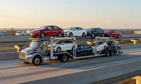Car transporter with the Metairie, Louisiana, United States skyline behind it