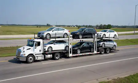Multi-level car carrier on the highway to Monroe, Louisiana, United States