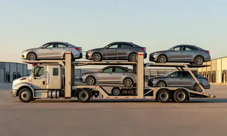 Car transporter parked in an industrial area of Monroe, Louisiana, United States