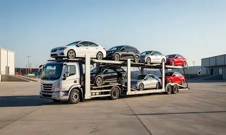 Car transporter loaded with vehicles in Monroe, Louisiana, United States
