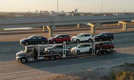 Car transporter with the Monroe, Louisiana, United States skyline behind it