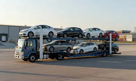 Car transporter loaded with vehicles in Natchitoches, Louisiana, United States