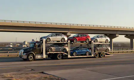 Car transporter with the Natchitoches, Louisiana, United States skyline behind it